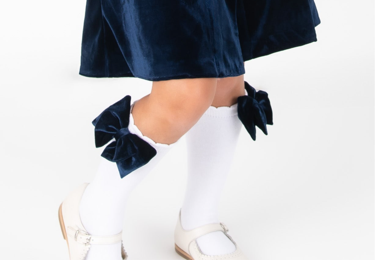 Navy Velvet Bow Knee Socks