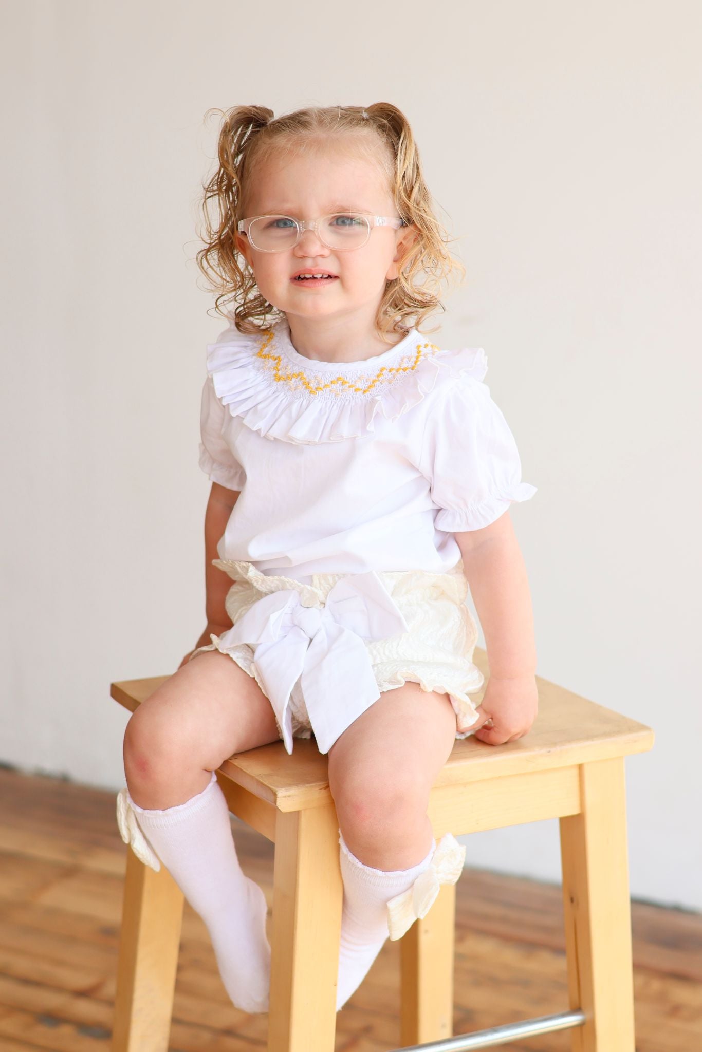 Cream Jacquard shorts & White Smocked Collar set