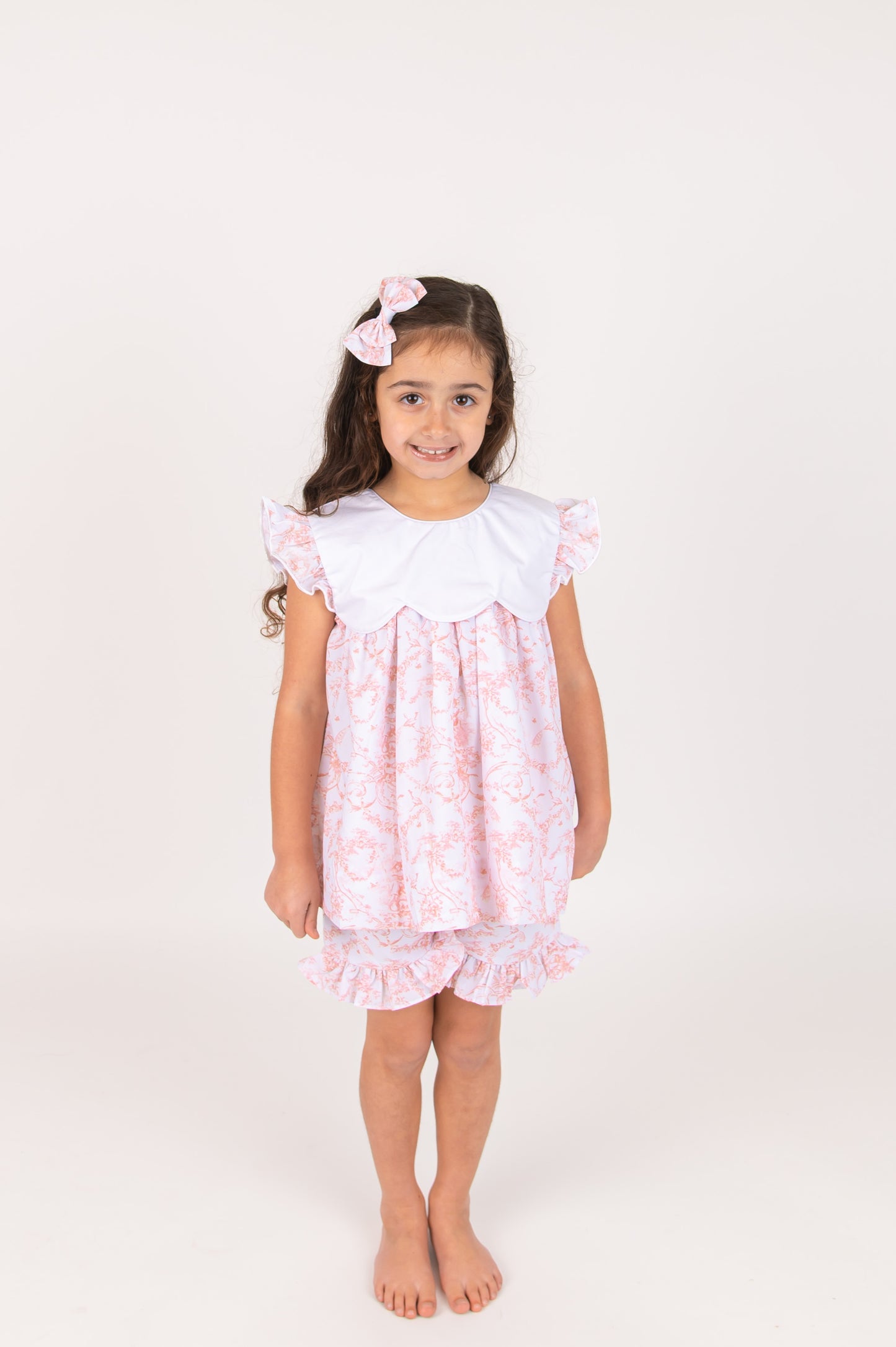 French Toile Coral Shorts set & Bow