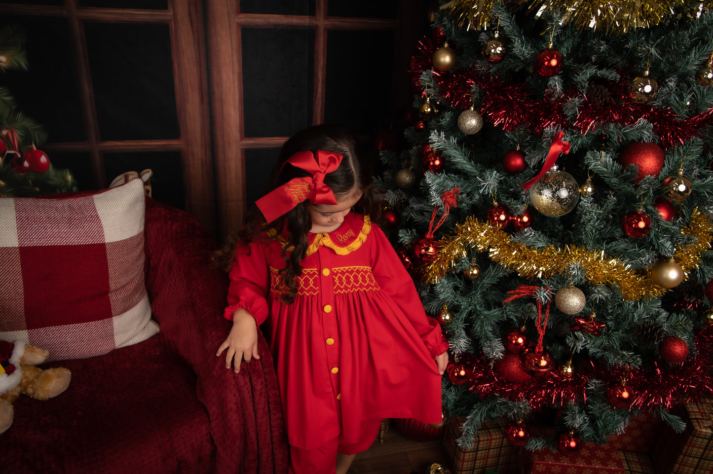 Red & Gold Smocked Girls Pyjama Set