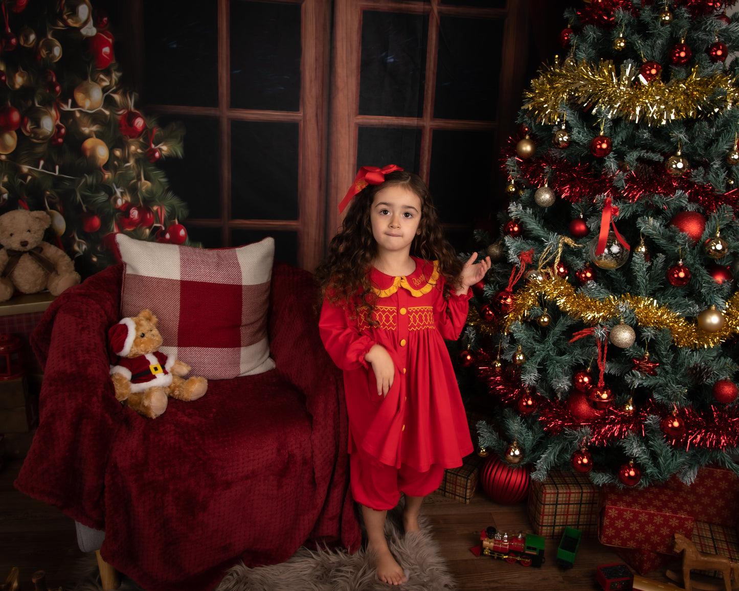 Red & Gold Smocked Girls Pyjama Set