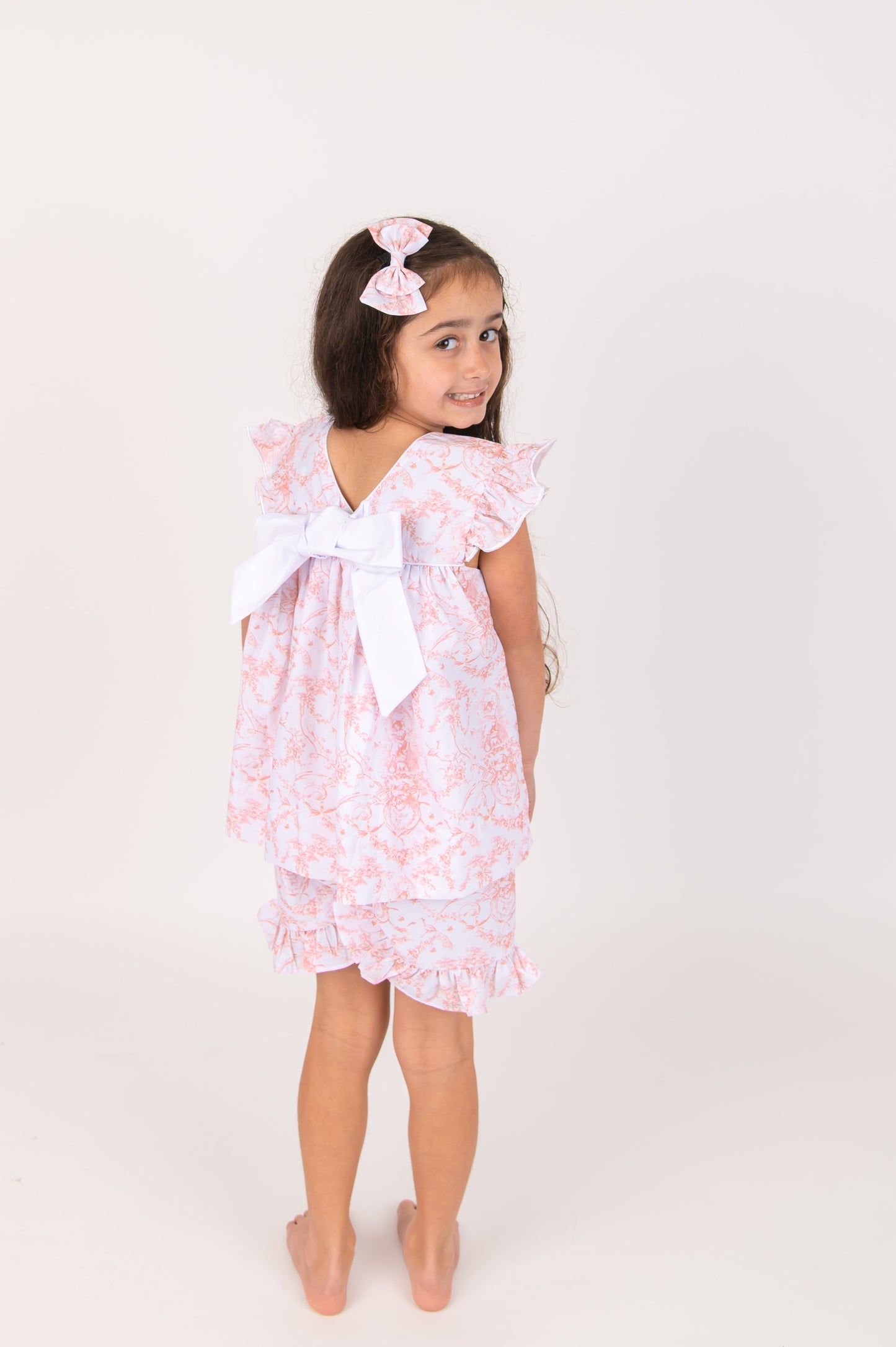 French Toile Coral Shorts set & Bow
