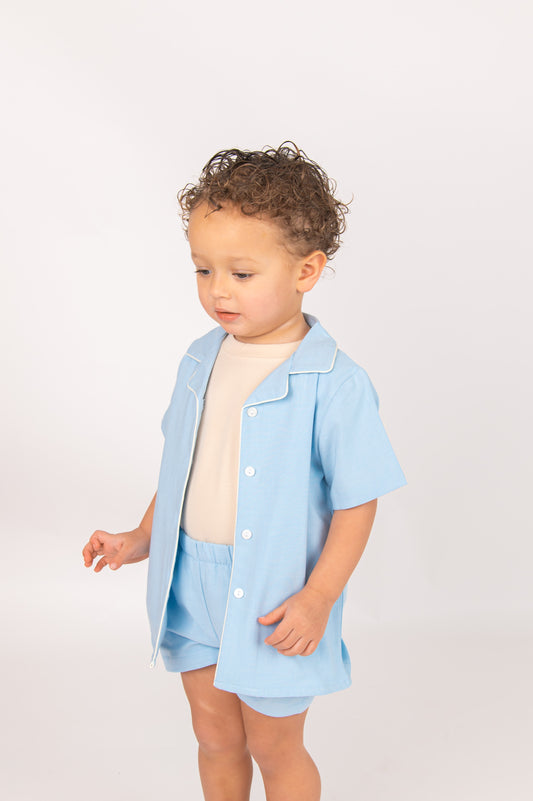 Blue Linen Boys Shirt & Short Set