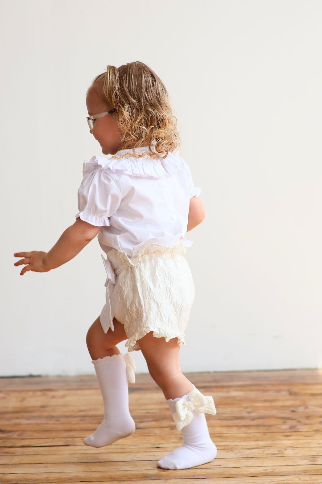 Cream Jacquard shorts & White Smocked Collar set