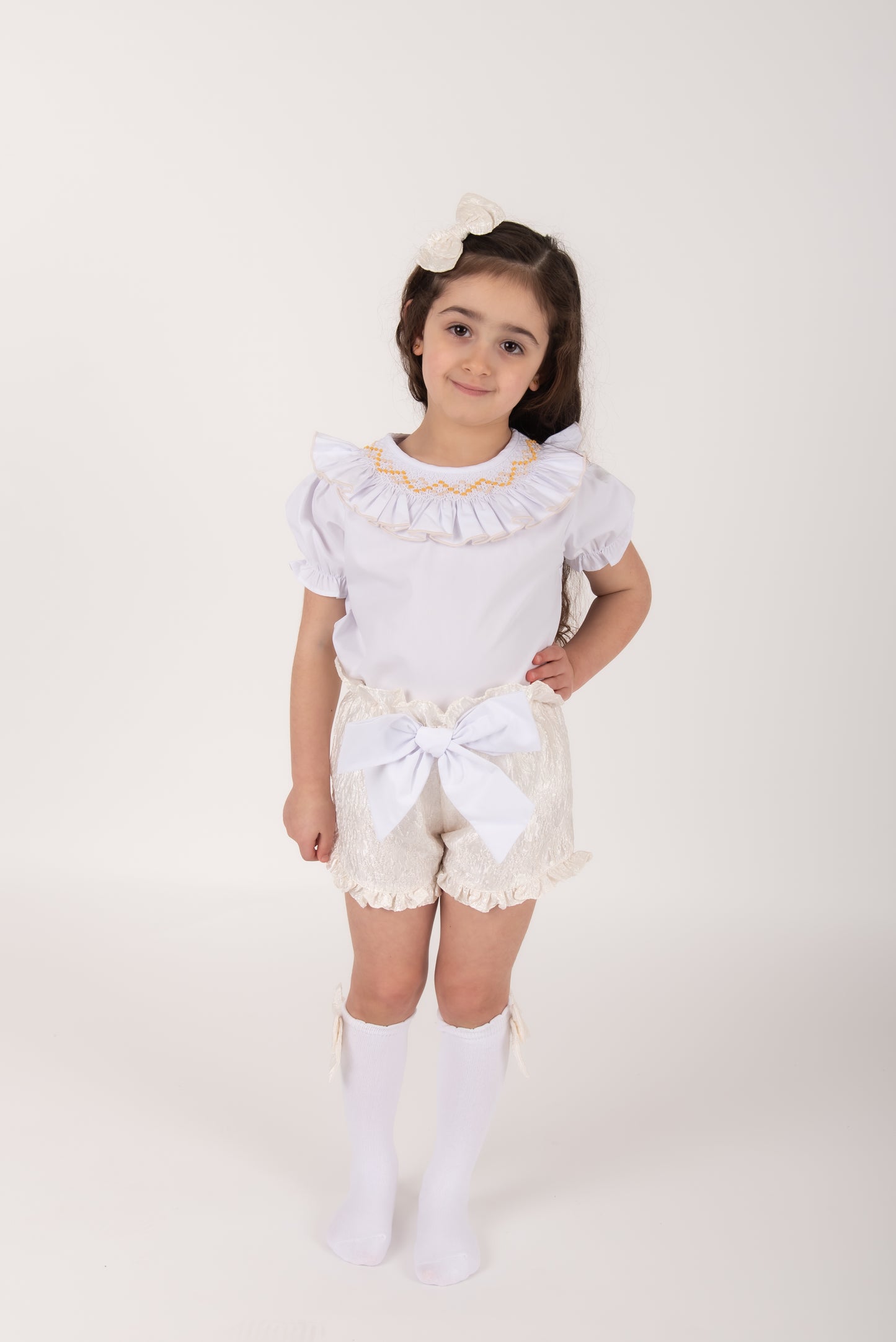 Cream Jacquard shorts & White Smocked Collar set