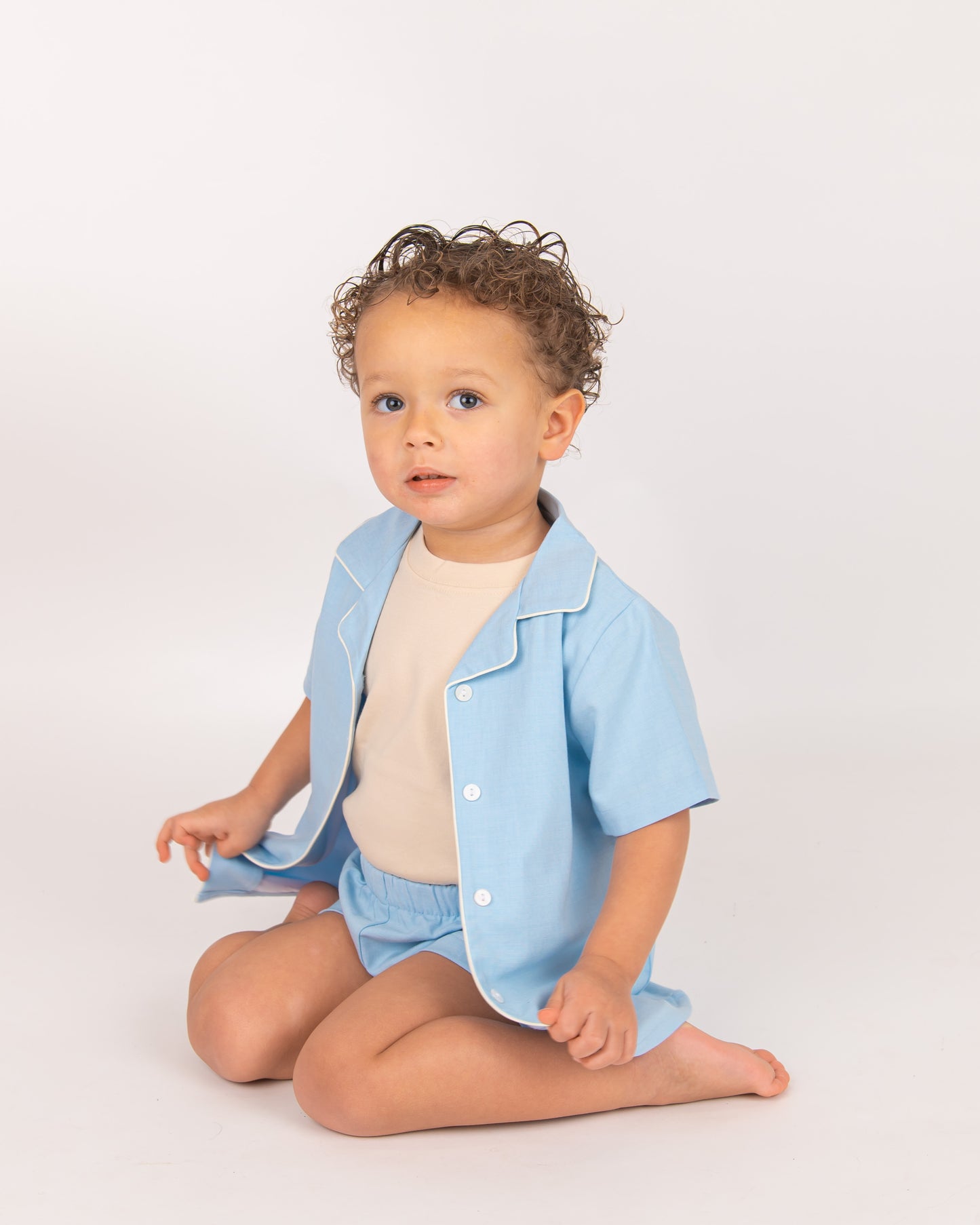 Blue Linen Boys Shirt & Short Set