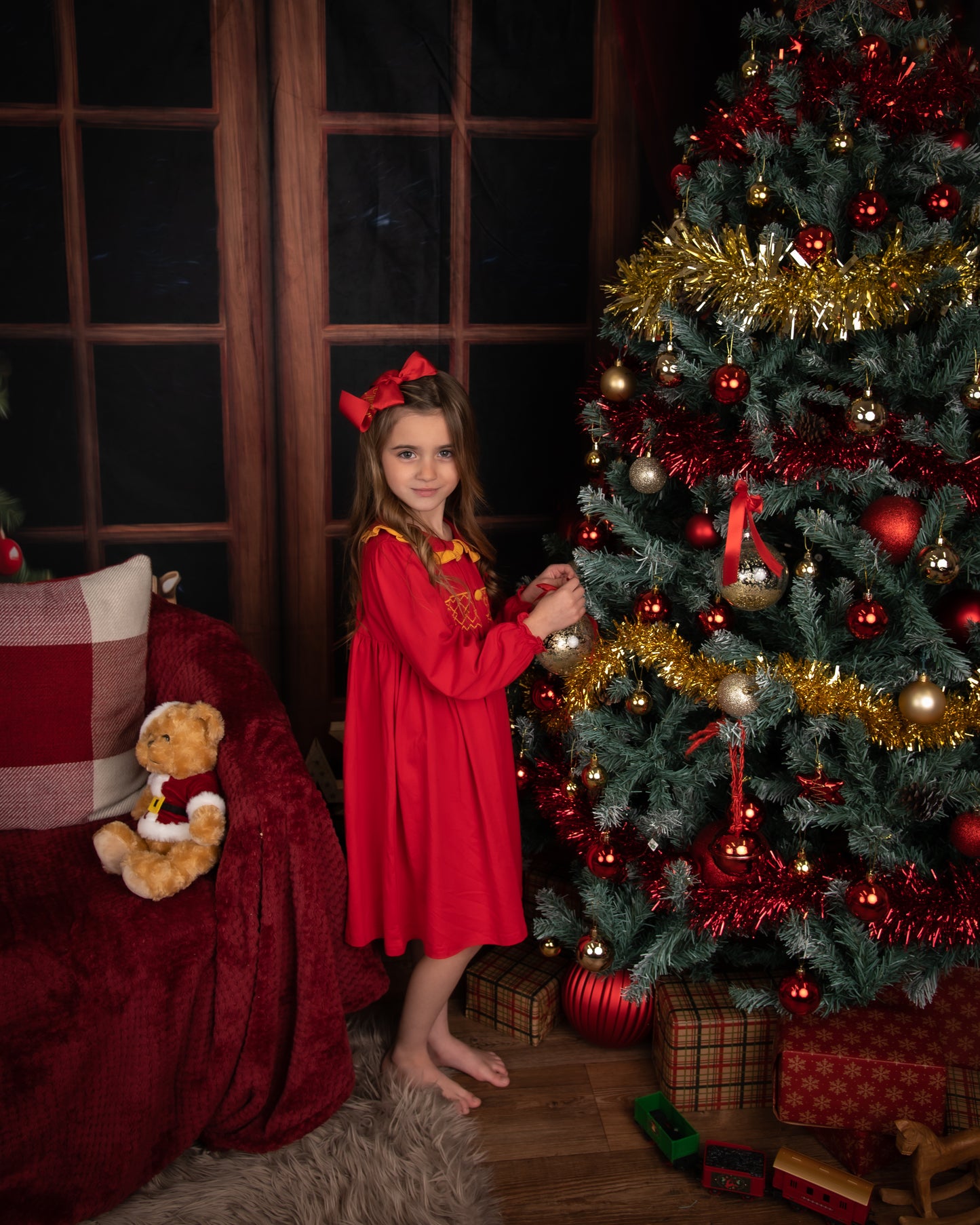 Red & Gold Smocked Girls Night dress