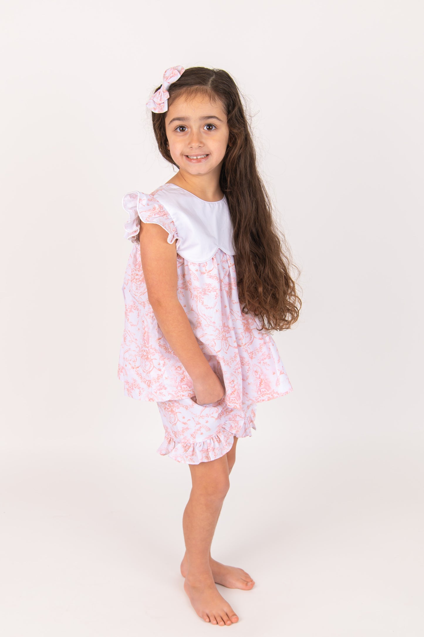 French Toile Coral Shorts set & Bow