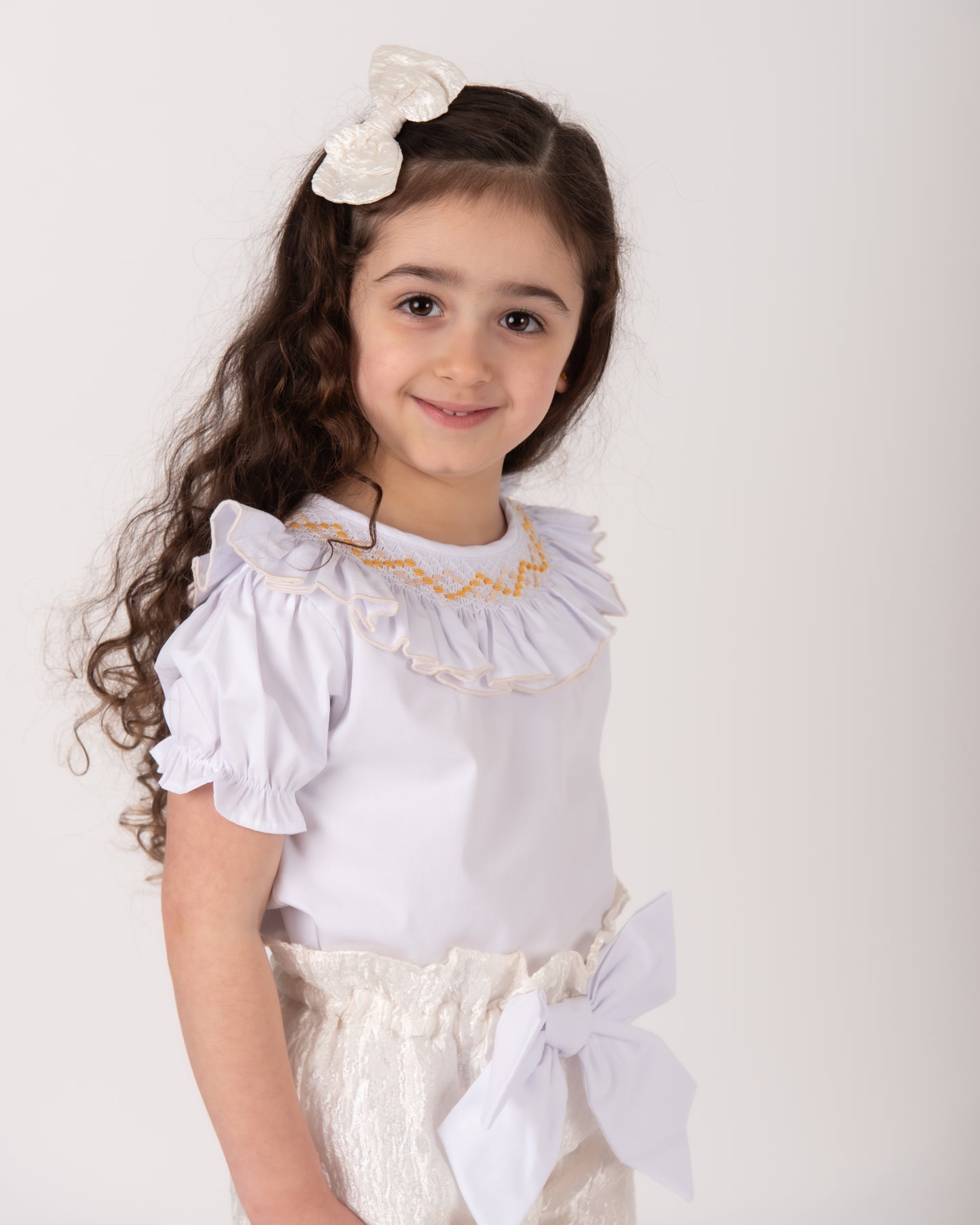 Cream Jacquard shorts & White Smocked Collar set