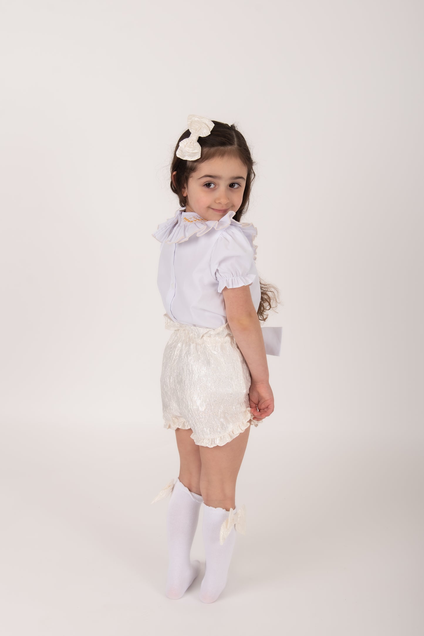 Cream Jacquard shorts & White Smocked Collar set