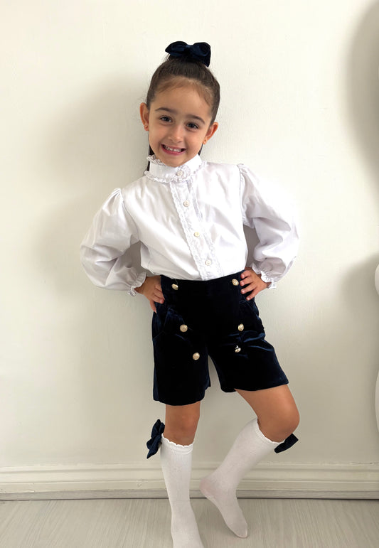 Navy Velvet Girls Shorts set